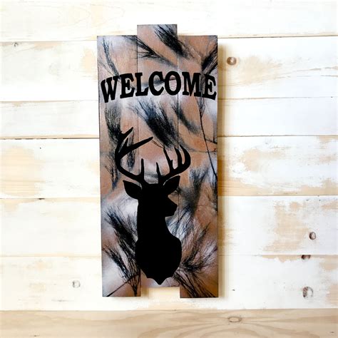 5500 Deer Welcome Sign Rustic Deer Decor Rustic Deer Art Wood