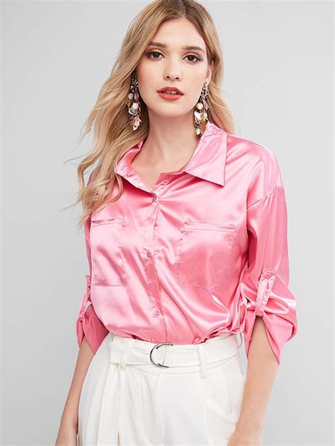 Satin Chest Pocket Roll Tab Sleeve Curved Shirt Hot Pink M Cute Blouses Blouses For Women
