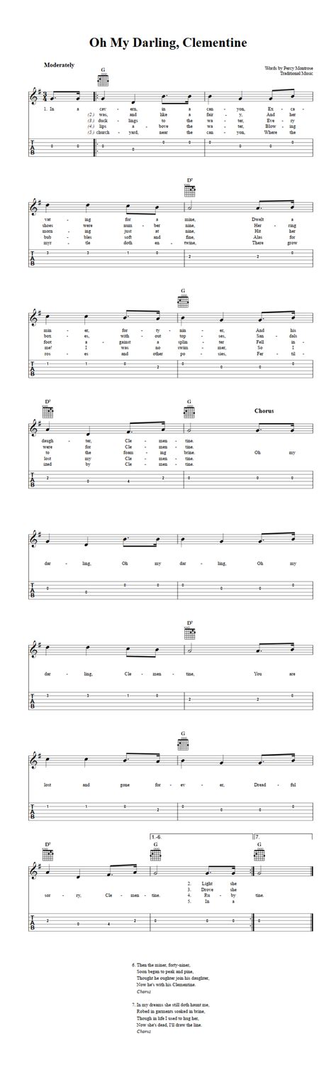 Oh My Darling Clementine Easy Guitar Sheet Music And Tab With Chords And Lyrics