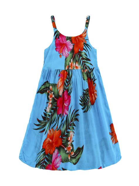 Girl Elastic Strap Hawaiian Luau Dress In Turquoise 7 8