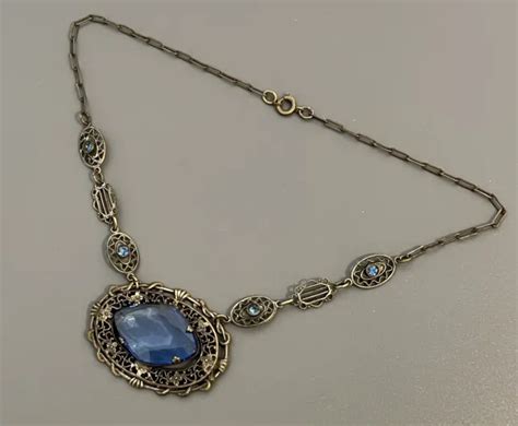 Vintage Art Deco Blue Czech Glass Rhinestone Necklace Brass Filigree