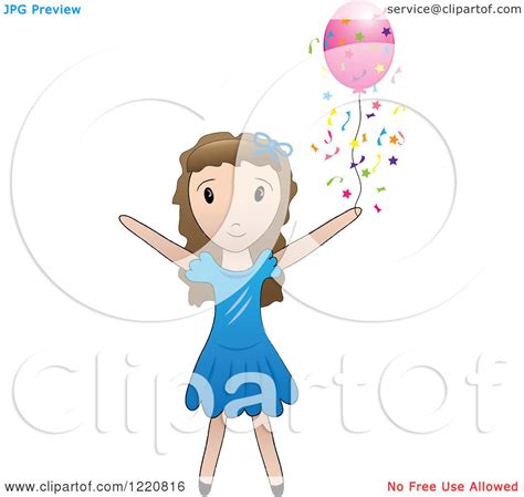 clipart of a brunette girl with a pink party balloon and confetti royalty free vector