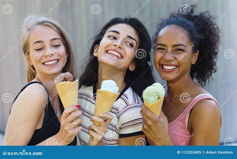 Happy Girlfriends Standing Together Outdoors Stock Image Image Of