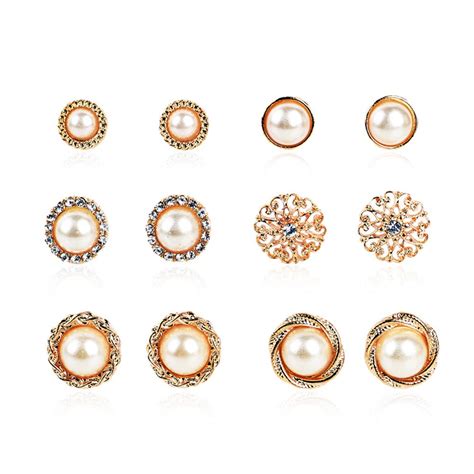 Pair Set Crystal Alloy Round Ball Gold Color Stud Earrings Vintage