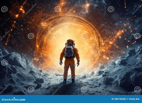 Man Astronaut In A Spacesuit On The Surface Of The Planet In Outer Space Ai Stock Illustration