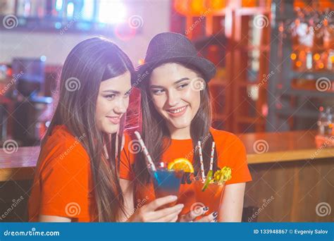 Two Young Girls Lesbians At A Party In The Club Stock Image Image Of