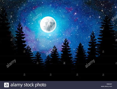 Starry Night Sky With Full Moon And Silhouette Of Trees Stock Photo