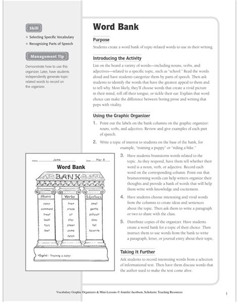 Word Bank Vocabulary Printable Graphic Organizers Lesson Plans And