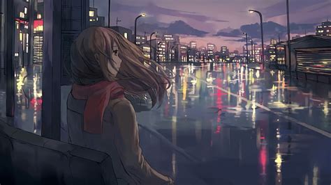 Hd Wallpaper City Metropolis River Night Evening Sky Anime Art