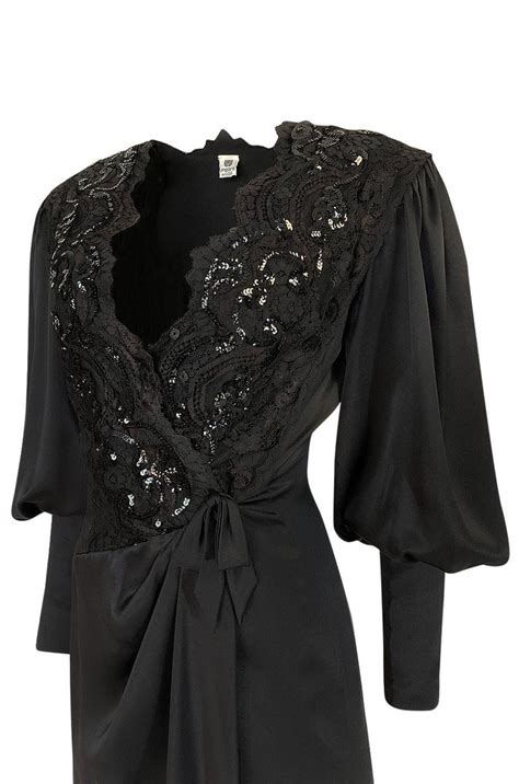 Emanuel Ungaro Black Sequin Lace And Silk Satin Dress C1988 For Sale