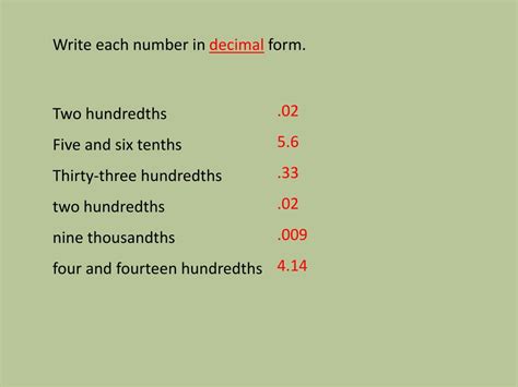 Ppt Write Each Number In Decimal Form Two Hundredths Five And Six