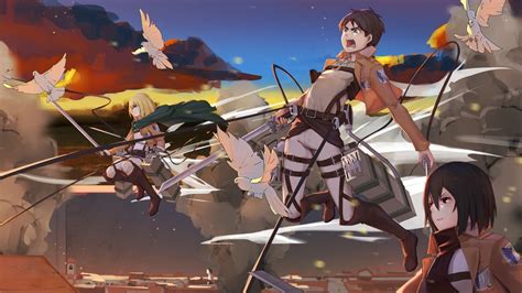 1920x1080 download now full hd wallpaper tunnel infinity dark red. Attack On Titan Armin Arlert Eren Yeager Mikasa Ackerman Are Flying Near Birds And Blue Sky On ...