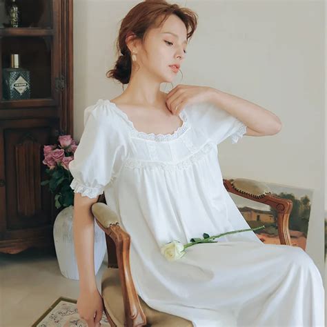 summer women sleepwear dress short sleeve white lace sexy nightgowns female long vintage casual