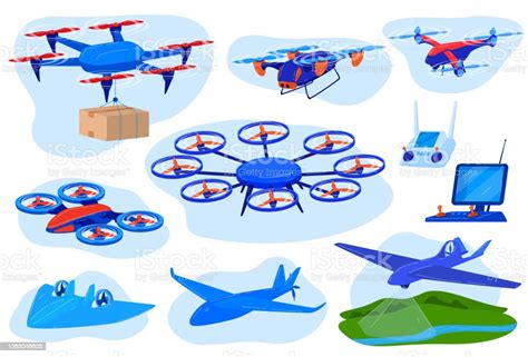 Drone Quadcopter Vector Ilustrasi Set Kartun Pesawat Datar Koleksi