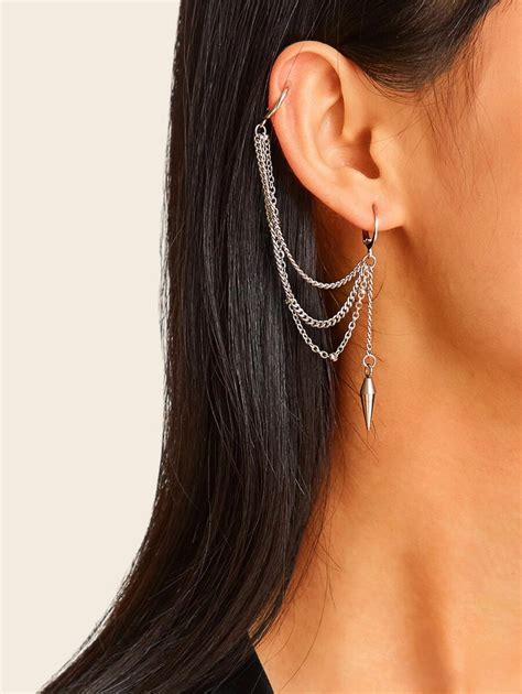 Spike Detail Chain Earring With Ear Cuff 1pc Ear Cuff Orecchio Orecchini A Catena