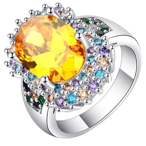 Colorful Cubic Zirconia Flower Ring Women White Silver Color Beautiful