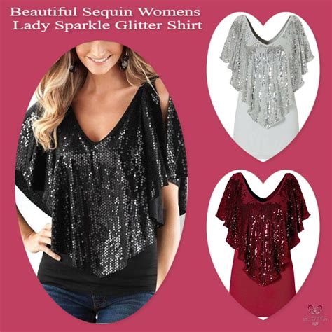 Beautiful Sequin Womens Lady Sparkle Glitter Shirt Glitter Shirt