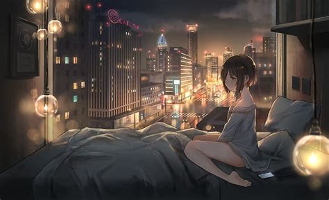 Anime Girl Habitación Noche Computadora Verano Anime Fondo De