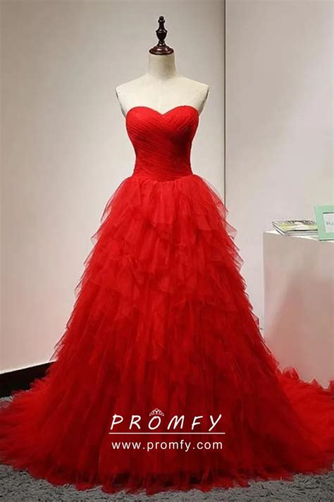 Great Red Tulle Pleated Ruffled And Tiered Prom Dress Promfy
