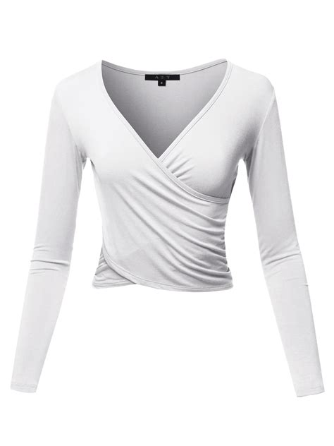 A2y A2y Womens Long Sleeve Deep V Neck Cross Wrap Crop Top T Shirts White S