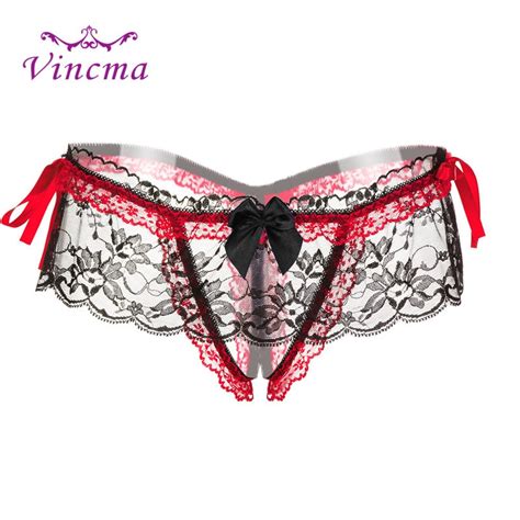 Womens Lace Flower Bow Tie Open Crotch Hollow Sexy Panties Thongs And