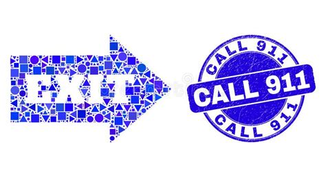 Blue Grunge Call 911 Seal And Exit Arrow Mosaic Stock Vector