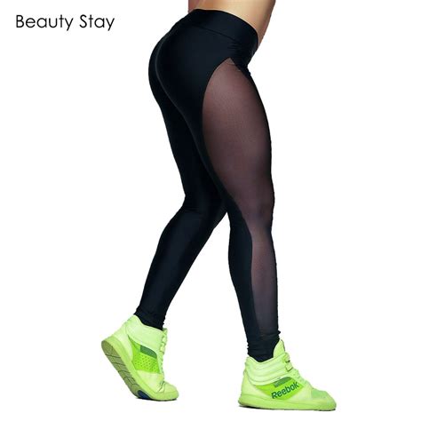 Beautystay Fashion Side Splice Women Leggings Black Slim Casual Net Yarn Pants Clubwear Hollow