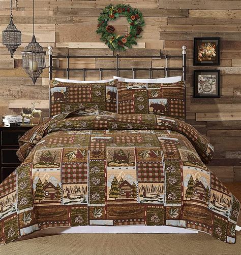 Jessy Home Moose Quilt Queenfull Rustic Bear Quilt Brown Polyester