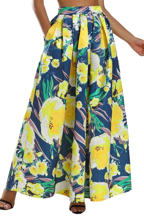 Navy Yellow Floral Flared Skirt Maxi Elegant Maxi Skirt Printed Maxi