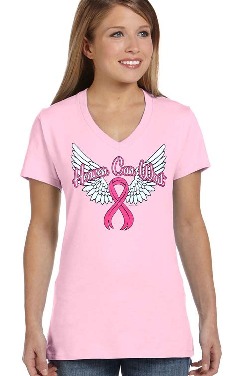Ladies Breast Cancer Awareness Pink Ribbon Wings Pink Crew Or V Neck