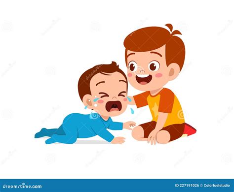 Cute Little Boy Try To Comfort Crying Baby Brother Stock Vector