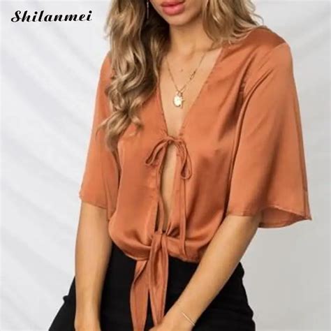sexy satin women deep v neck blouse casual half sleeve hollow out lace up ladies tops 2018