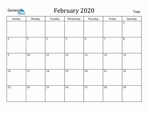 February 2020 Calendar With Togo Holidays