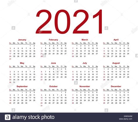 Plantilla De Calendario Para El Año 2021 La Semana Comienza En Domingo Ilustración Vectorial
