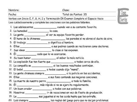 Verbs Start E F G H I End Er Spanish Fill In The Blanks Exam Teaching Resources