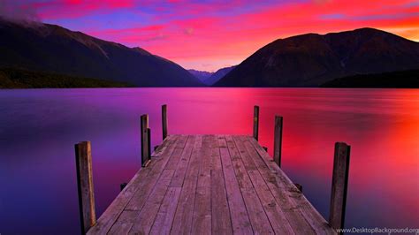 Lakes Jetty Lake Sunset Smooth Natural Beauty Mountain Wallpapers
