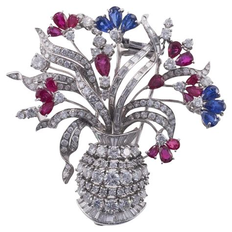 Carved Sapphire Ruby Diamond Flower Brooch For Sale At 1stdibs Rubies