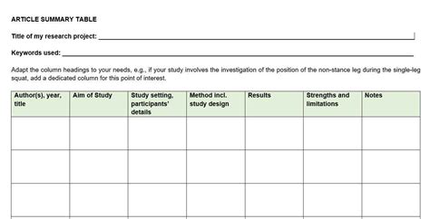 Download The Article Summary Table Template Masterminds