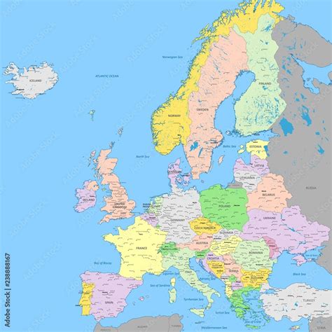Europe Political Map High Detail Color Vector Atlas With Capitals