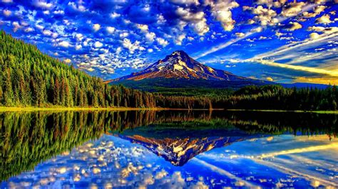 Reflection Of Mountain And Blue Sky With Clouds On Lake 4k Hd Nature