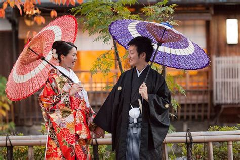 Newly Married Couple In Traditional Japanese Dress Kyoto Kimono