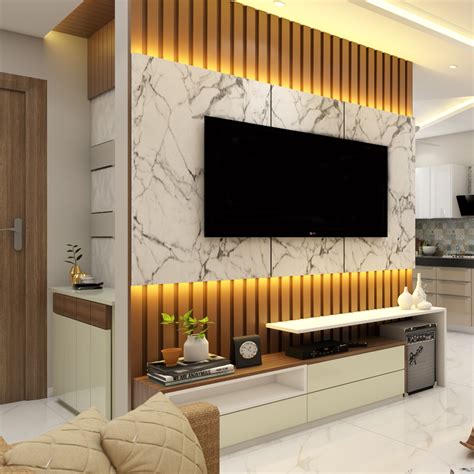 Spacious TV Cabinet Design With Strip Lighting Livspace
