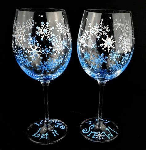 Let It Snow Hand Painted Winter Wine Glasses Snowflake Wine Glass Snow Theme Seasonal 2 Wine