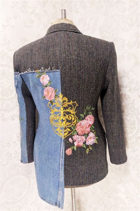 Upcycled Wool And Denim Combined Womens Blazer Embroidered Etsy In