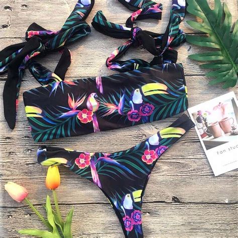 Aliexpress Com Buy Sexy Swimsuit Bandeau Bikini Set Parrot Print