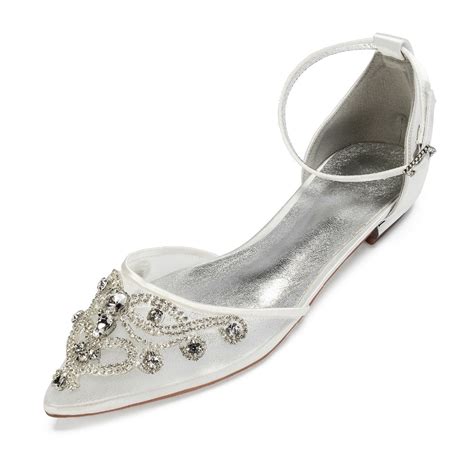 Elegant Bridal Wedding Flat Shoes Pointed Toe Ankle Strap Crystal