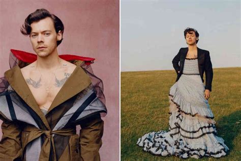 For his cover shoot, photographed by tyler mitchell, styles wears a variety of dresses and stereotypically feminine. Harry Styles posed in various dresses for his Vogue cover story | Not the Bee