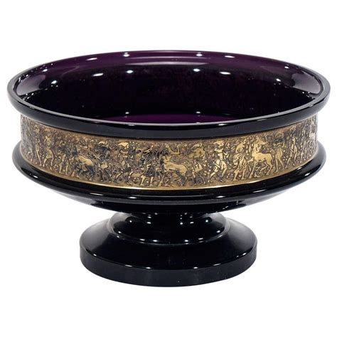 Signed 19th Century Moser Amethyst Crystal Footed Bowl With Gilded Cameo Frieze Modern Glass