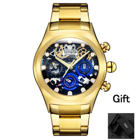 luxury gold men s watch temeite brand mens watch quartz steel man wristwatch waterproof calendar