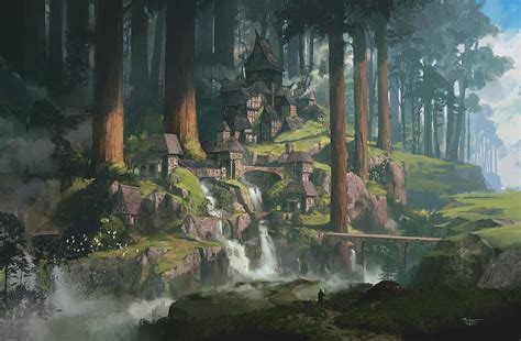 Crop Fantasy City For Waterfall Forest Artwork Bridge Trees